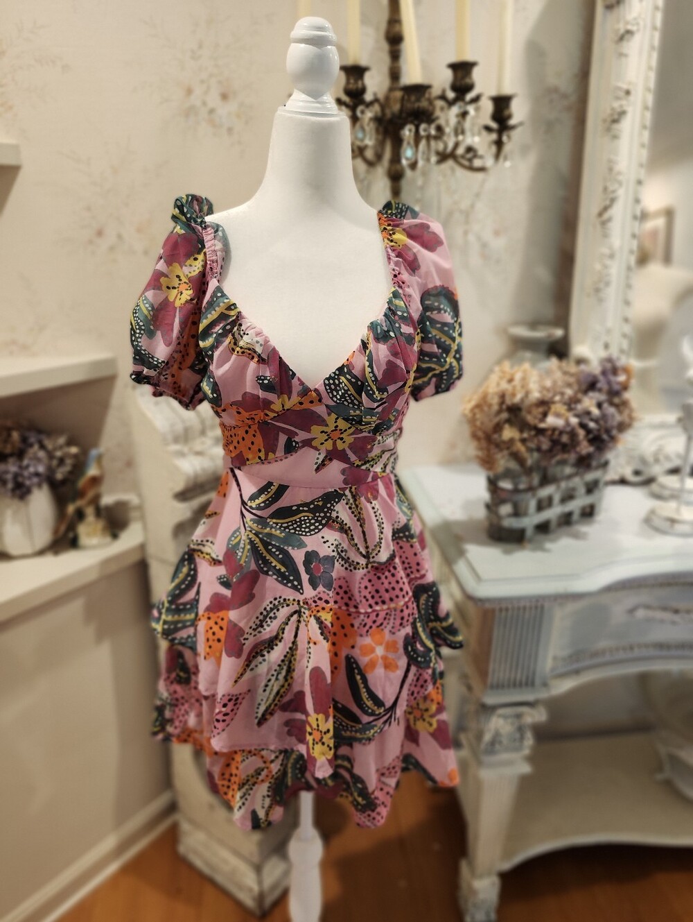 Crystal Sky Pink Tropical Floral Puff Sleeve Babydoll Dress Cottagecore Small